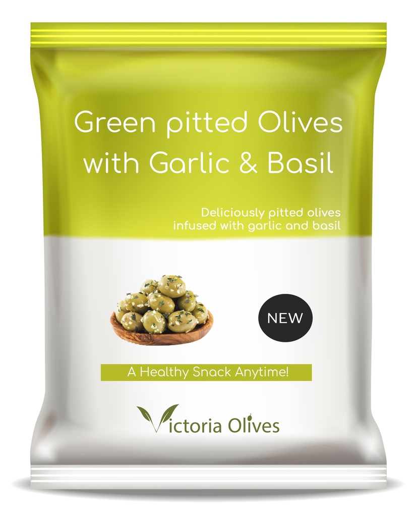 Green Pitted Olives with Garlic & Basil